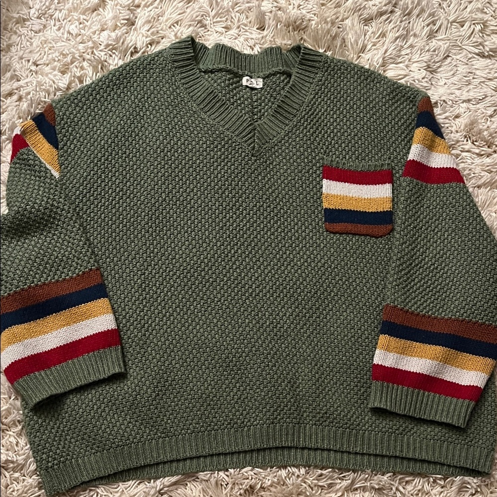 POL Olive Green V-Neck Sweater with Multicolor Stripe Accents